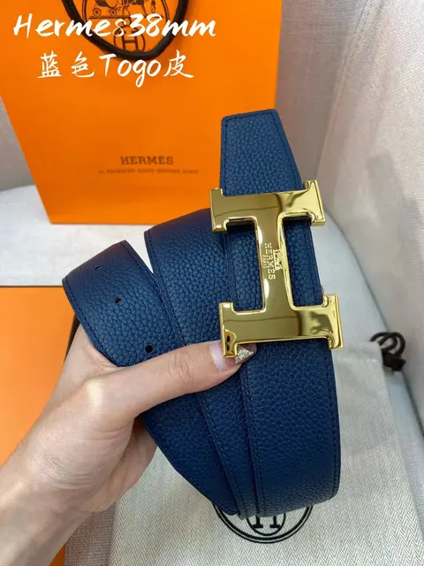 Hermès 38mm Blue Togo Leather Belt with Gold H Buckle