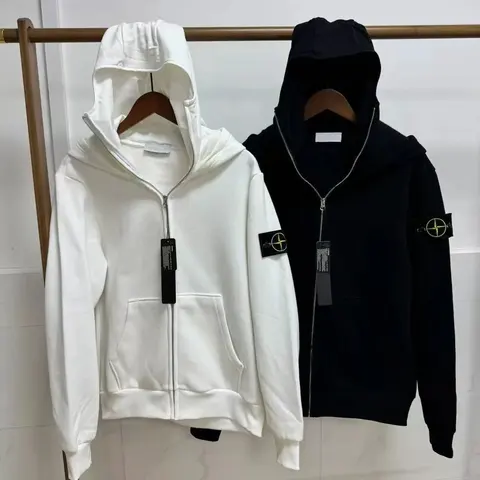 Stone Island Zip-Up Hoodie - White and Black