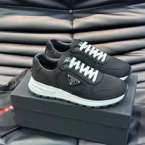 Prada Black Leather Sneakers with White Sole