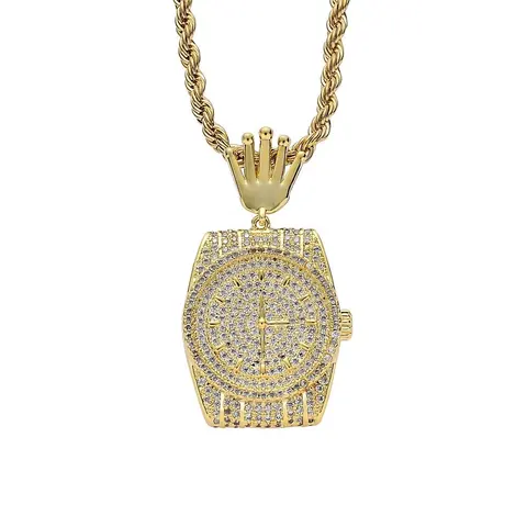 Gold Iced-Out Watch Pendant Necklace