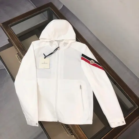 Moncler White Hooded Jacket with Red and Black Stripe