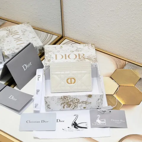 Dior White Quilted Card Holder with Gold CD Logo
