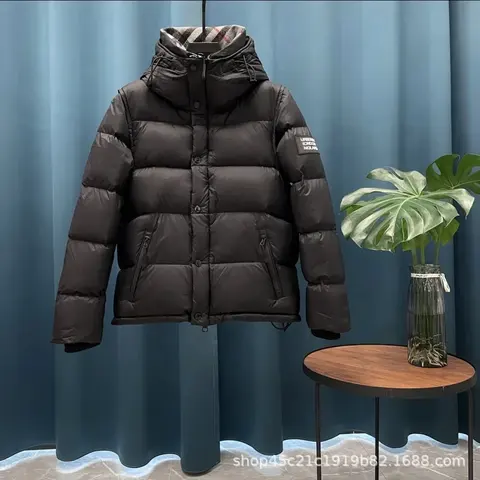 Black Quilted Down Jacket with Hood and Brand Patch
