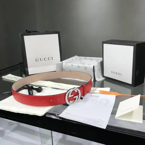 Gucci Red Leather Belt with Interlocking G Buckle