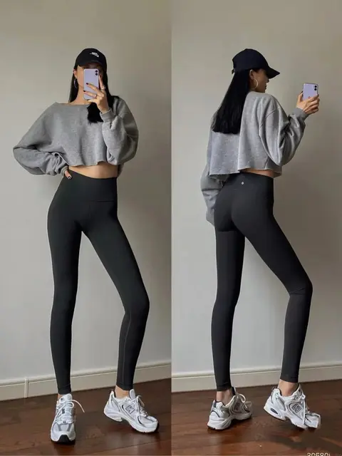 High-Waisted Black Leggings with Gray Crop Sweatshirt Set
