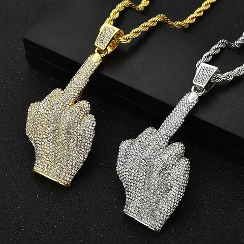 Iced Out Middle Finger Pendant Necklace