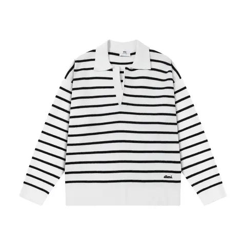 AMI Paris Striped Knit Polo Sweater