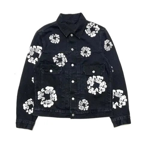 Black Denim Jacket with White Floral Print