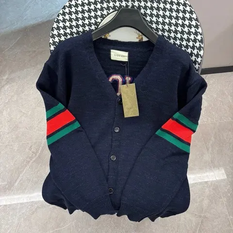 Gucci Navy Blue Cardigan with Red and Green Stripes