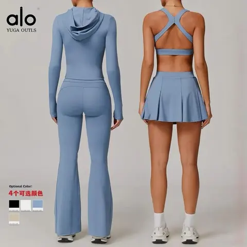alo Yoga Outls Women's Activewear Set - Hooded Long Sleeve Top & Flared Pants, Cross-Back Crop Top & Skirt