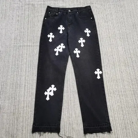 Black Denim Jeans with White Cross Patches