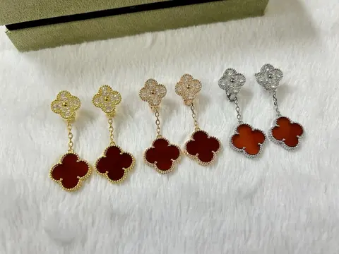 Four-Leaf Clover Drop Earrings Set - Gold and Silver Tone with Red Enamel