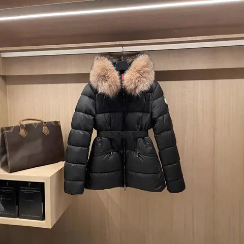 Moncler Black Down Jacket with Fur Trim Hood