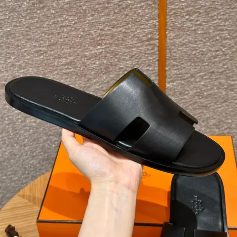 Hermès Black Leather Slides