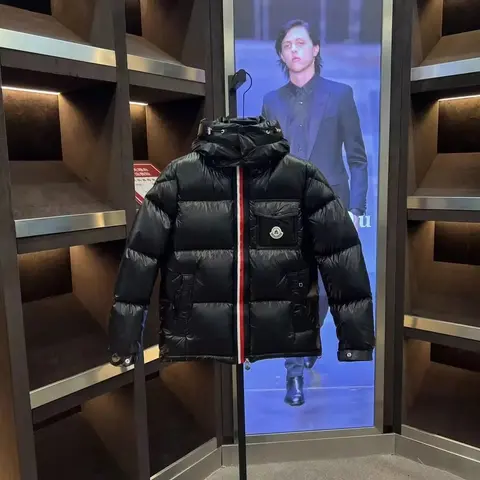 Moncler Black Down Jacket with Red and White Stripe