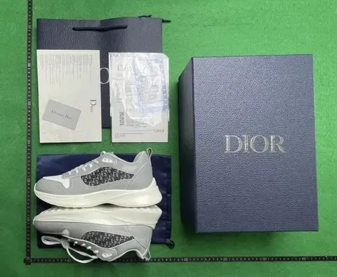 Dior Gray and White Sneakers with Monogram Detail
