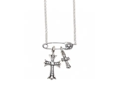 Silver Cross Charm Necklace with Safety Pin Pendant