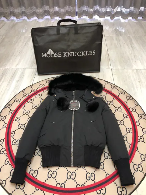 Moose Knuckles Black Bomber Jacket with Fur Hood