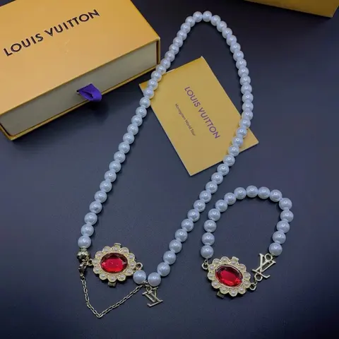 Louis Vuitton Pearl Necklace and Bracelet Set with Red Gemstone