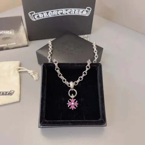 Chrome Hearts Pink Crystal Cross Pendant Necklace