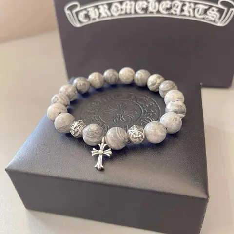 Chrome Hearts Grey Marble Bead Bracelet with Cross Pendant