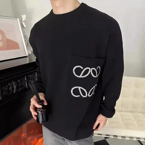 Black Knit Sweater with White Interlocking Logo Pocket