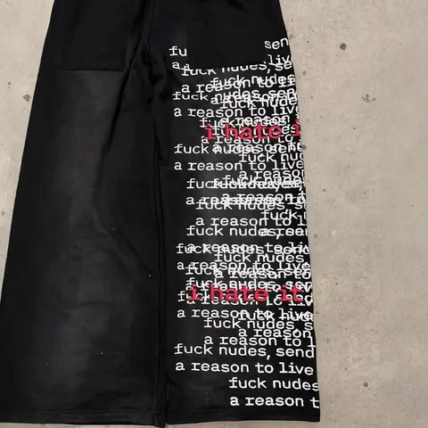 Black Printed Wide Leg Pants with 'I Hate It' Text Design