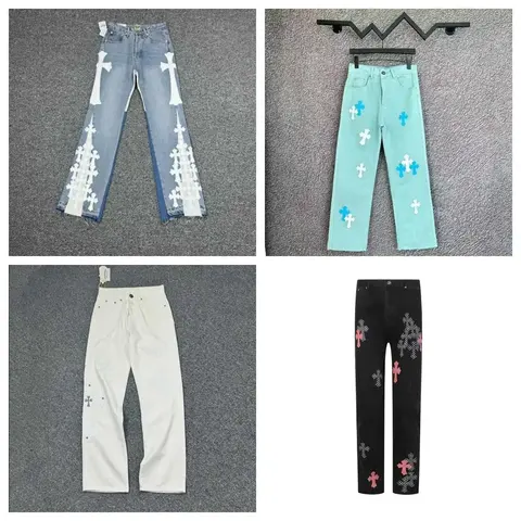 Cross-Embroidered Denim Pants Collection