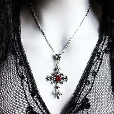 Vintage Gothic Ruby Cross Necklace, Lead-Free