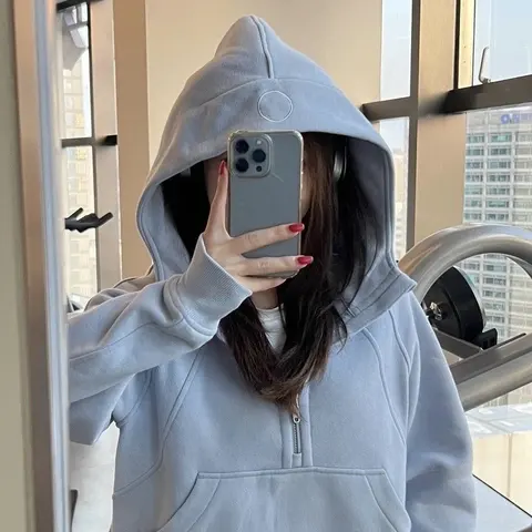 Lined Half-Zip Hoodie for Women, Loose-Fit Embroidered Sweatshirt for Fall/Winter