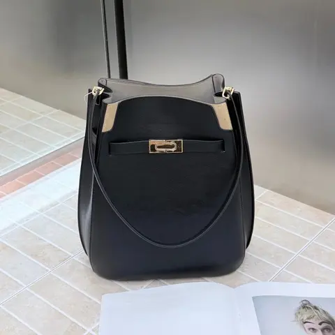 Black Leather Shoulder Bag with Gold Hardware