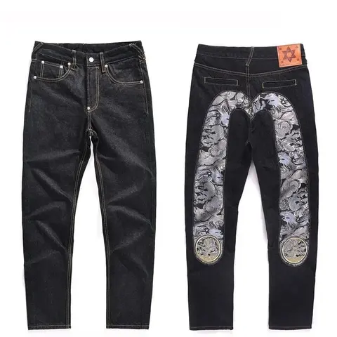 Black Denim Jeans with Camouflage Patchwork and Embroidered Details