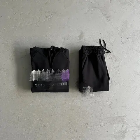 Black Hoodie and Sweatpants Set with Cityscape Print