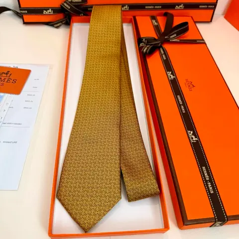 Hermès Paris Gold Patterned Silk Tie