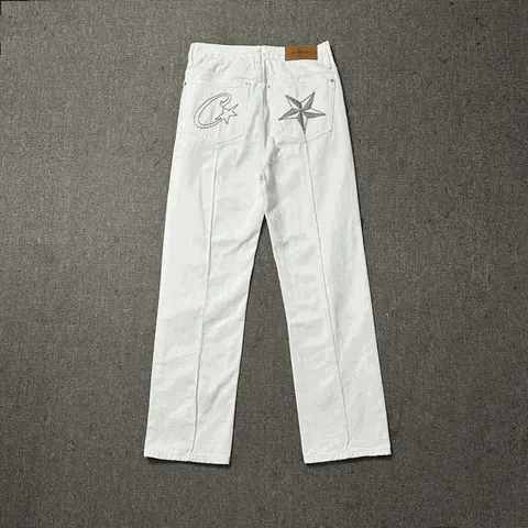 White Embroidered Jeans with Star and C Logo