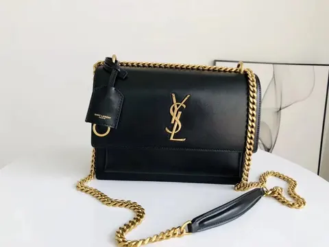 Saint Laurent Black Leather Crossbody Bag with Gold Chain