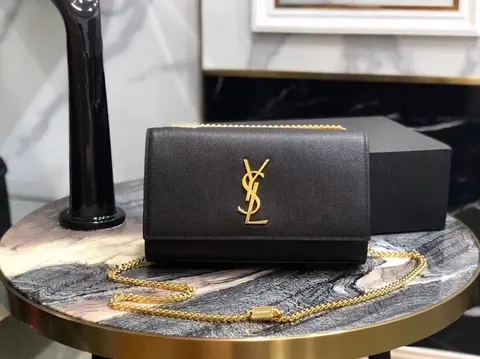 Saint Laurent Black Leather Monogram Wallet on Chain