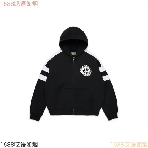 Black Zip-Up Hoodie with White Stripes and Logo