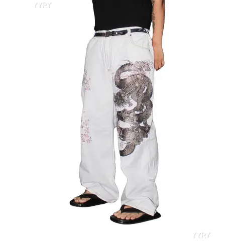 YYRY Dragon Print White Baggy Pants