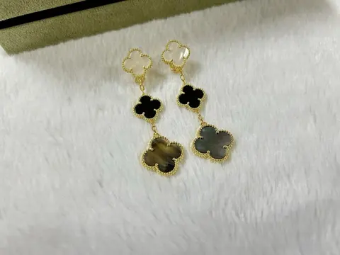 Three-Tier Clover Drop Earrings with Gold Frame and Black, White, and Tortoiseshell Accents