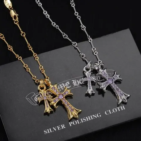 Cross Pendant Necklace with Purple Stones - Gold and Silver