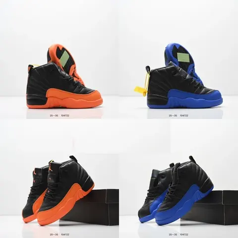 Air Jordan 12 Kids Sneakers - Black with Orange and Blue Accents