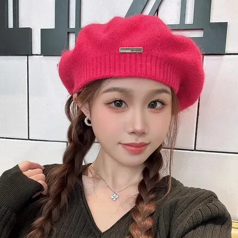 Pink Knit Beret with Brand Patch