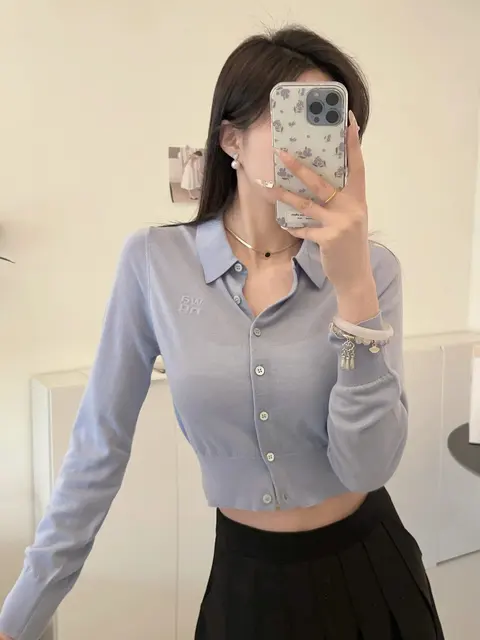 Light Blue Cropped Button-Up Knit Shirt