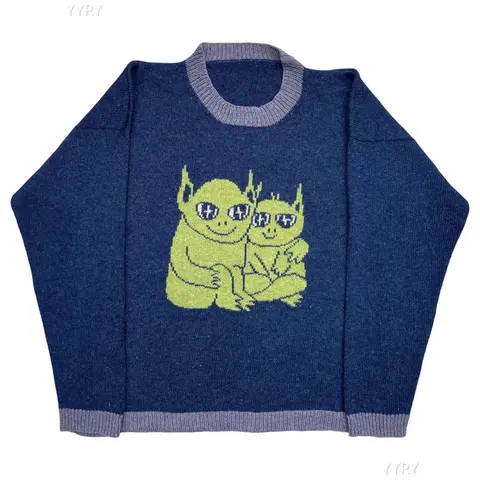 Blue Knit Sweater with Green Monster Design