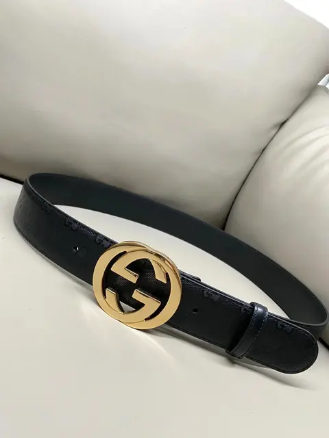 Gucci Black Leather Belt with Gold Interlocking G Buckle