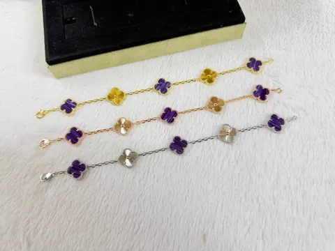 Four-Leaf Clover Bracelets Set in Gold, Rose Gold, and Silver Tones with Purple Accents