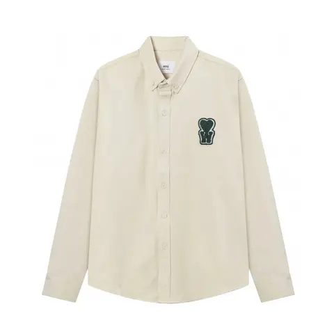 AMI Paris Cream Button-Up Shirt with Bear Patch