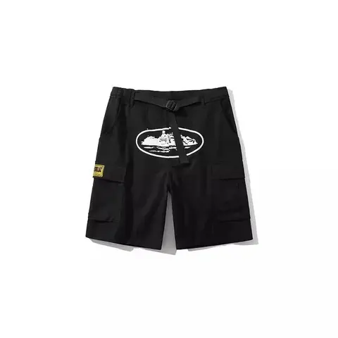 Black Cargo Shorts with Ship Graphic and Yellow Patch