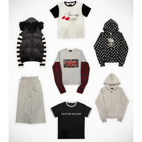 Fashion Clothing Collection with Graphic Tees, Hoodies, and Patterned Outerwear